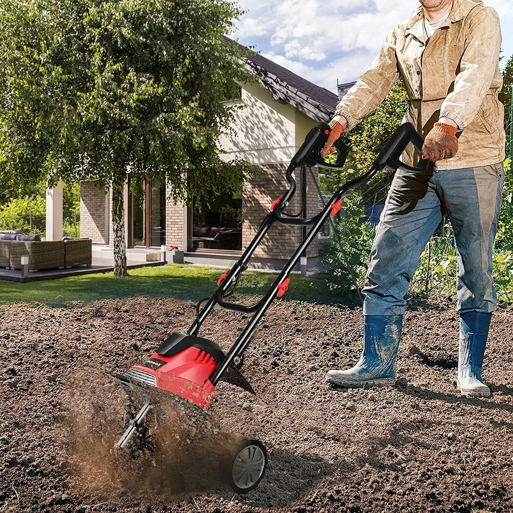GRAFFY 10 Amp Electric Garden Tiller, Rototillers Tool with 14 Inch Tilling Width & 9 Inch Working Depth, Corded Electric Tiller and Cultivator for Garden, Lawn, Digging, Weed Removal