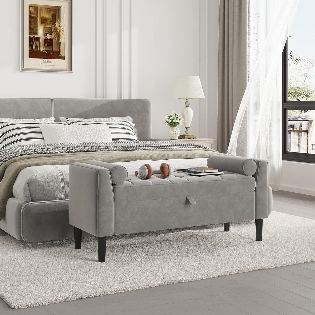 46.5 in Storage Ottoman Bench – Upholstered End-of-Bed Storage Chest with Rolled Armrests & Wood Legs, Entryway Shoe Bench and Footrest Seat for Hallway, Bedroom & Living Room& Walk-in Closet (Gray)