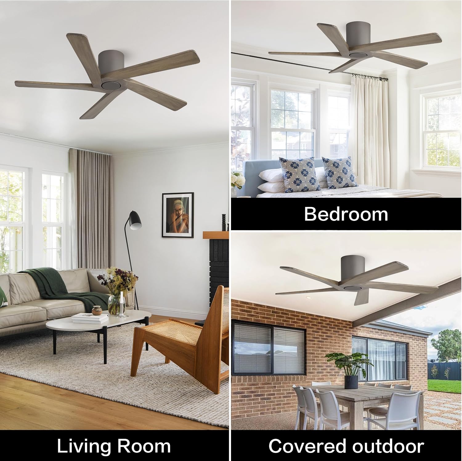 WINGBO 54 Inch Flush Mount DC Ceiling Fan without Lights, 5 Reversible Carved Wood Blades, 6-Speed Noiseless DC Motor, Hugger Ceiling Fan No Lights in Graphite Finish with Gray Blades, ETL Listed