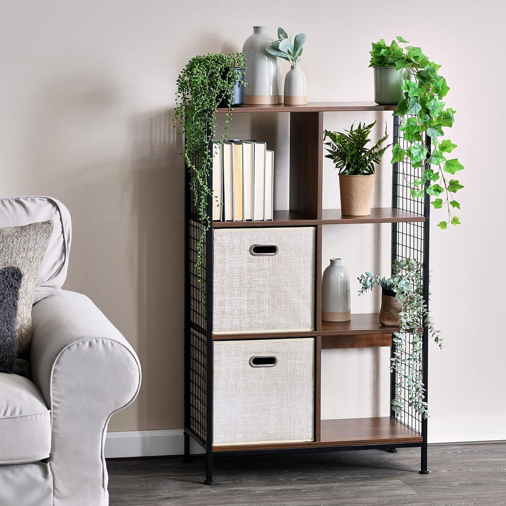 Household Essentials Trellis Open Storage Bookshelf with 6 Cube Compartments Mid Century Walnut Wood Grain and Black Metal