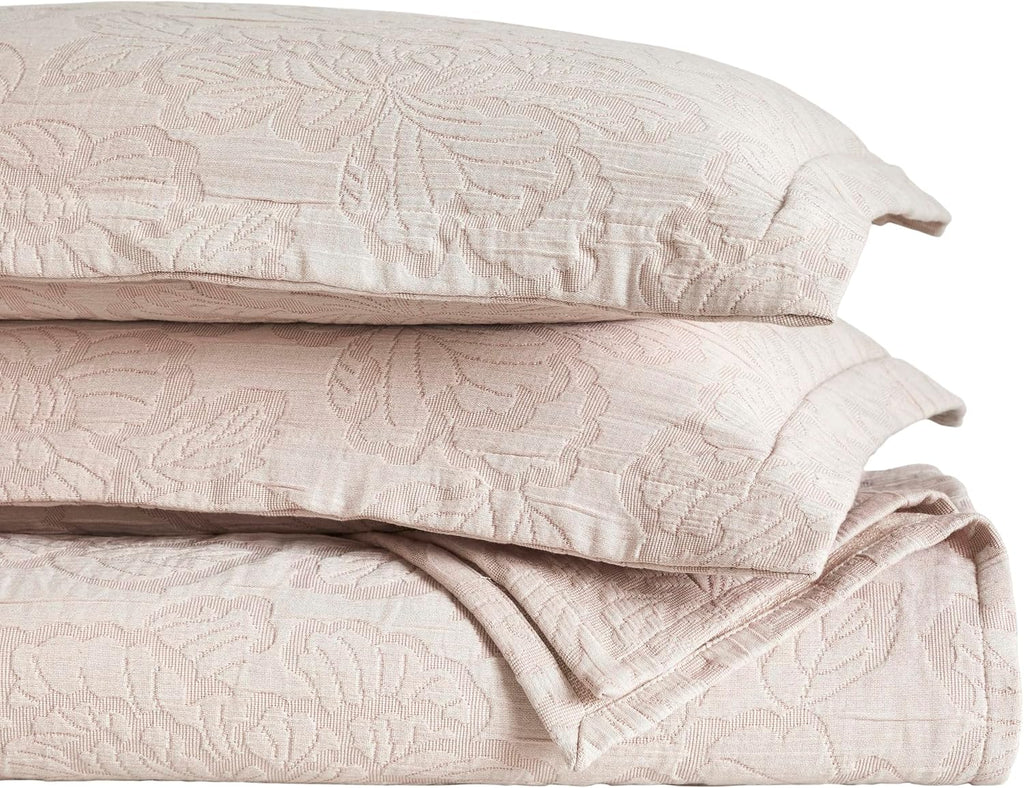 Superior 3 Piece Cotton Bedspread Set, Home Bed Decor, Decorative Bed Spread, 2 Pillow Shams, Medium Weight Blanket, Matelasse Coverlet, Bedding Essentials, Hibiscus Collection, Queen, Blush