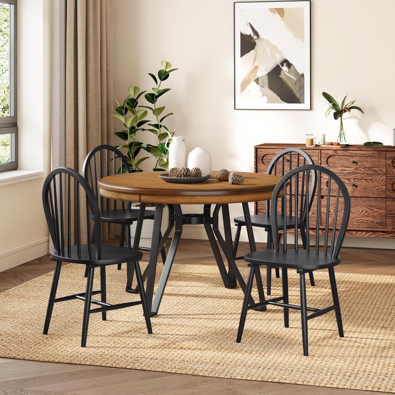 Christopher Knight Home Declan 5 Piece Wooden Dining Table Set for 4, Modern Dining Chairs Set of 4 and Table Set, Round Dining Table and Chair Set for Home/Apartment/Restaurant, Black+Brown