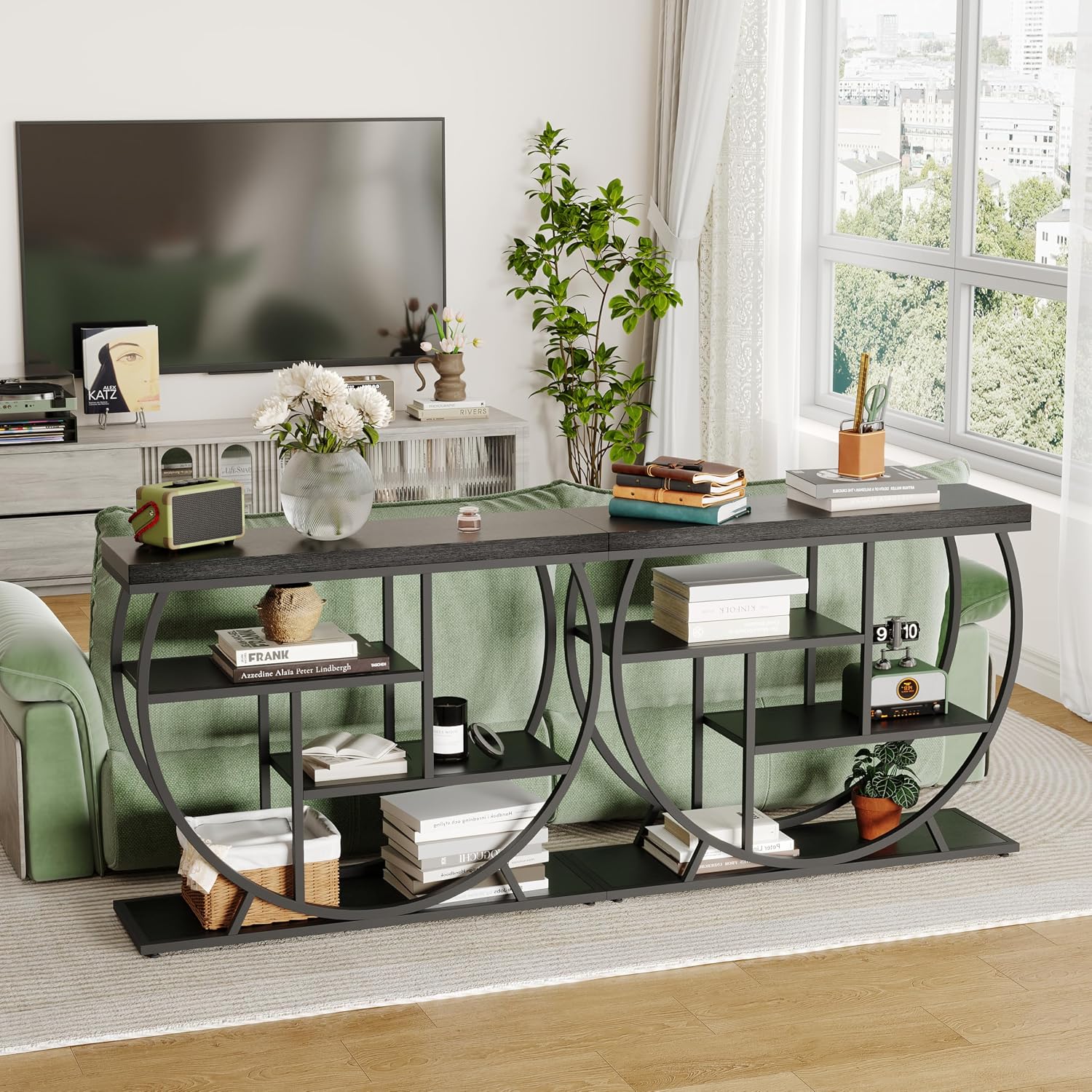 Garvee Entryway Table with Storage, Industrial 4-Tier Narrow Console Table Behind Couch with Half-Circle Base & Storage Shelves for Living Room, Hallway, Foyer