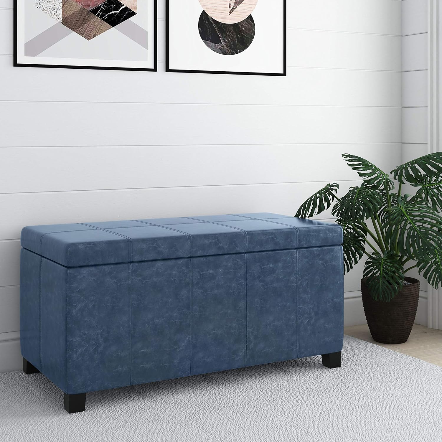 SIMPLIHOME Dover Storage Ottoman Bench - 36 inch Wide Upholstered Vegan Leather Rectangular Lift-Top Ottoman in Denim Blue, Contemporary Bench for Living Room with Safety Hinges