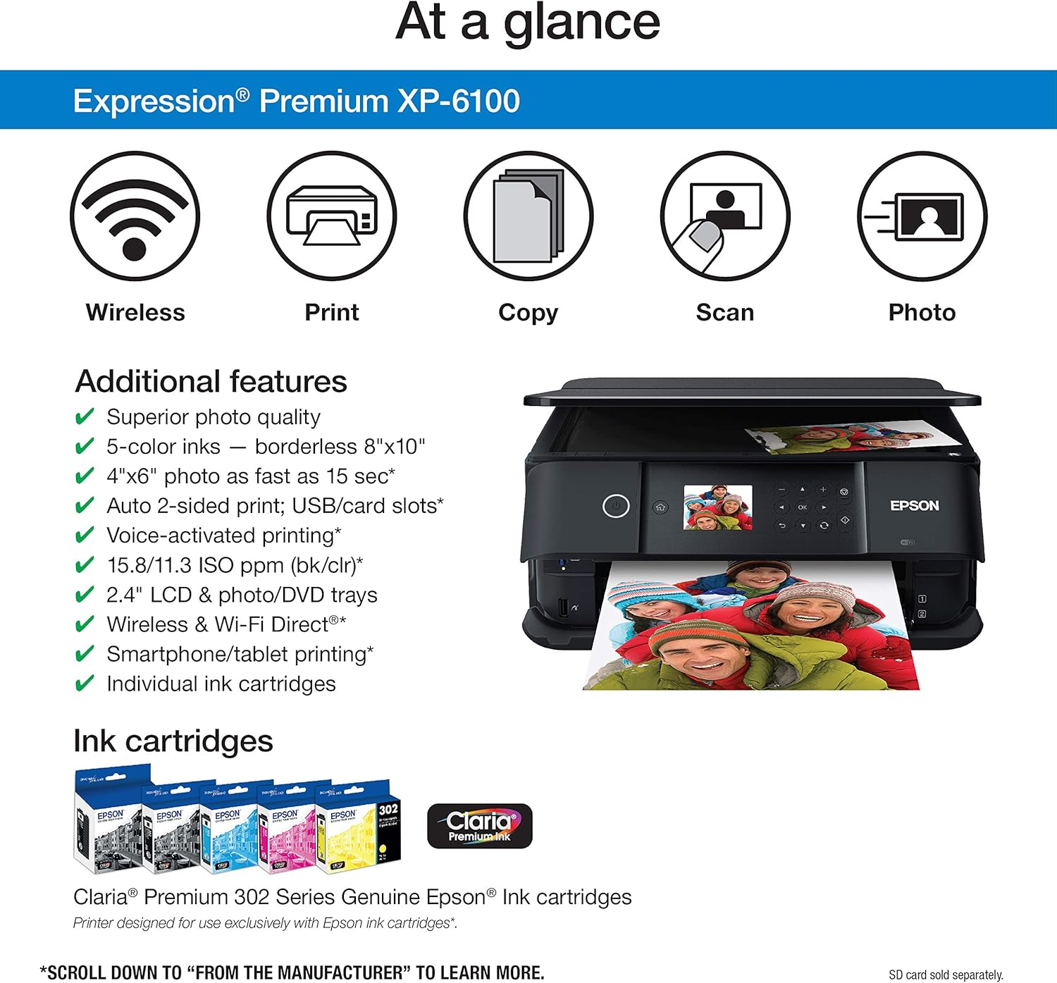 Epson Expression Premium XP-6100 Wireless Color Photo Printer with Scanner and Copier, Black, Medium