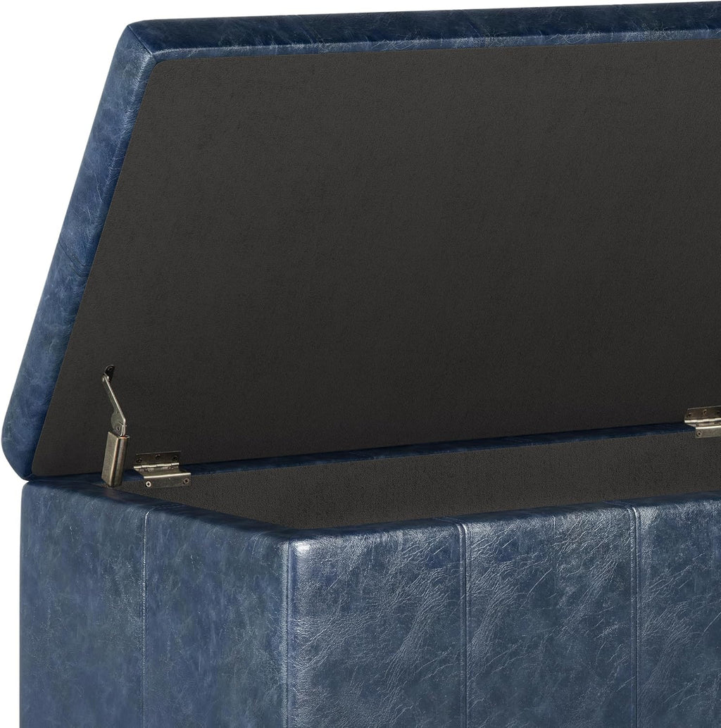 SIMPLIHOME Dover Storage Ottoman Bench - 36 inch Wide Upholstered Vegan Leather Rectangular Lift-Top Ottoman in Denim Blue, Contemporary Bench for Living Room with Safety Hinges