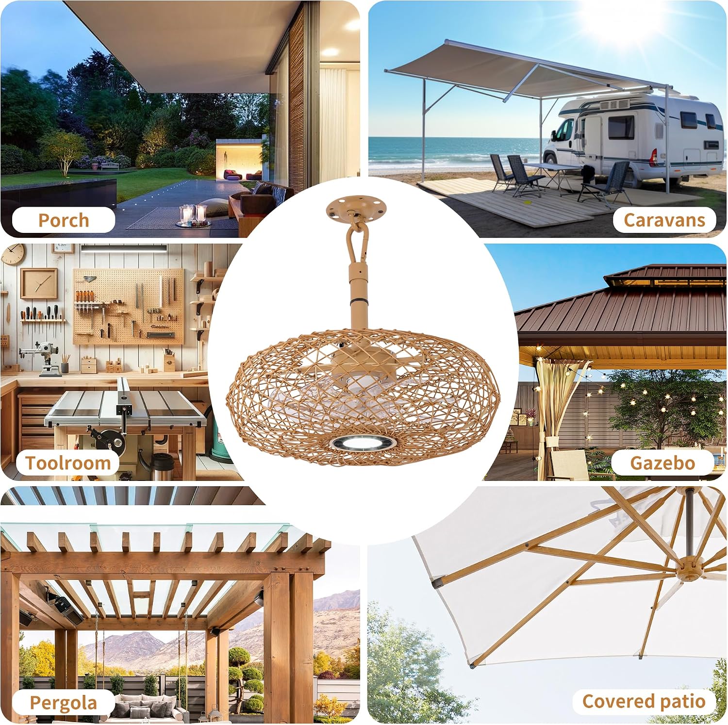 PAZALA 20' Outdoor Gazebo Fan with Light, Plug in Hanging Ceiling Fan for Covered Patio Pergola Porch, Remote & APP Control, 3CCT Dimmable LED, 6-Speed Reversible DC Motor, Brown Woven Caged Boho Fan