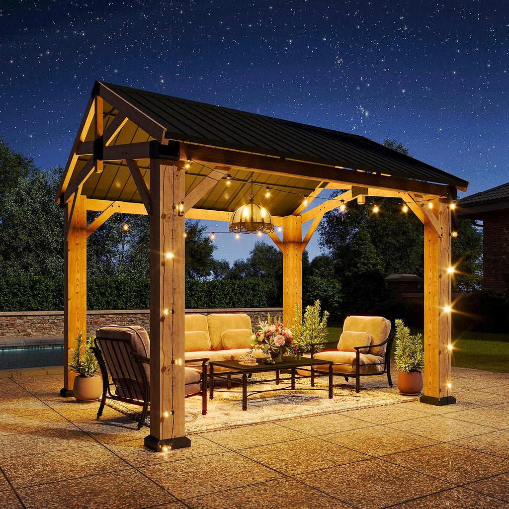 Aoxun 10' x 10' Outdoor Wood Gazebo with 20' Ceiling Fan with Light, Hardtop Gazebo Permanent Wooden Pavilion with Galvanized Steel Gable Roof, for Patio, Garden, Backyard, Cedar Wood