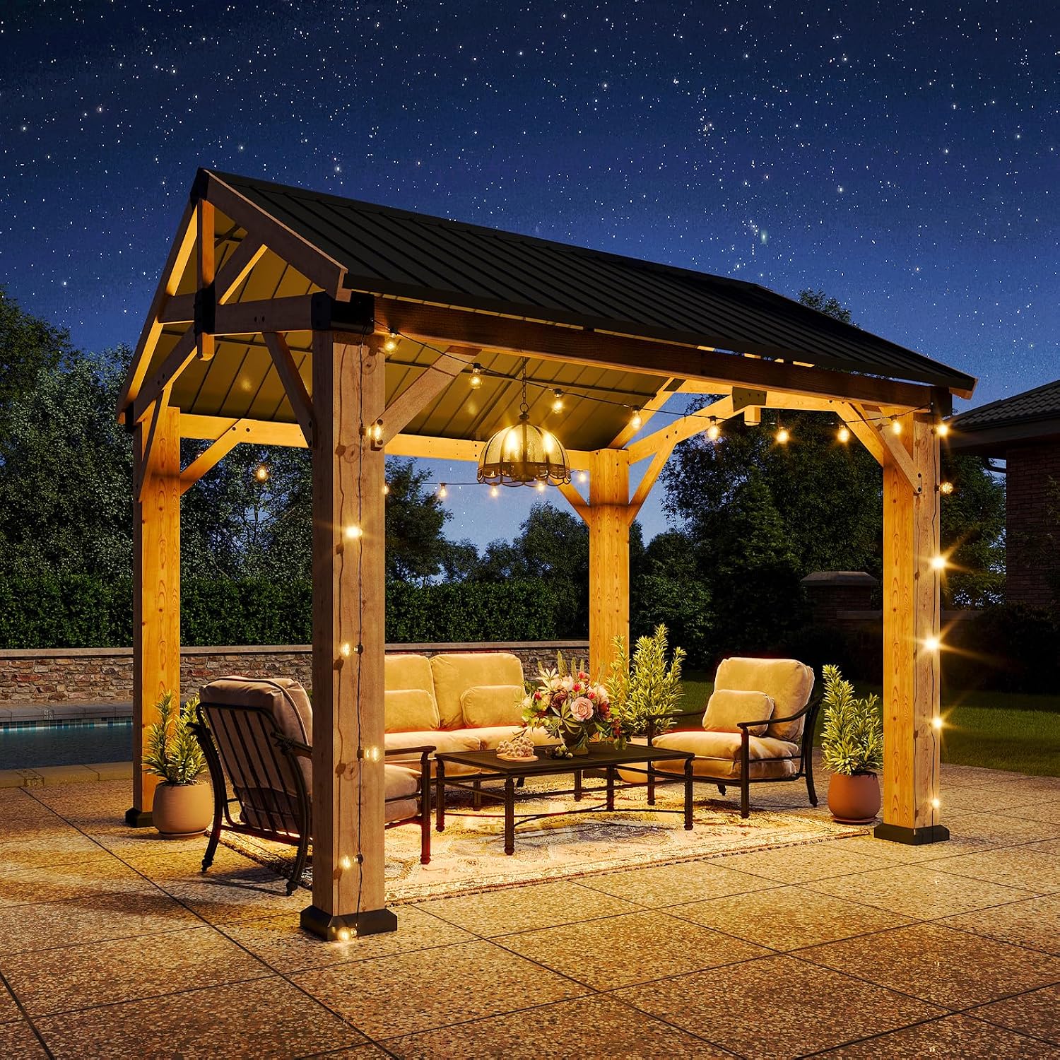 Aoxun 10' x 10' Outdoor Wood Gazebo with 20' Ceiling Fan with Light, Hardtop Gazebo Permanent Wooden Pavilion with Galvanized Steel Gable Roof, for Patio, Garden, Backyard, Cedar Wood