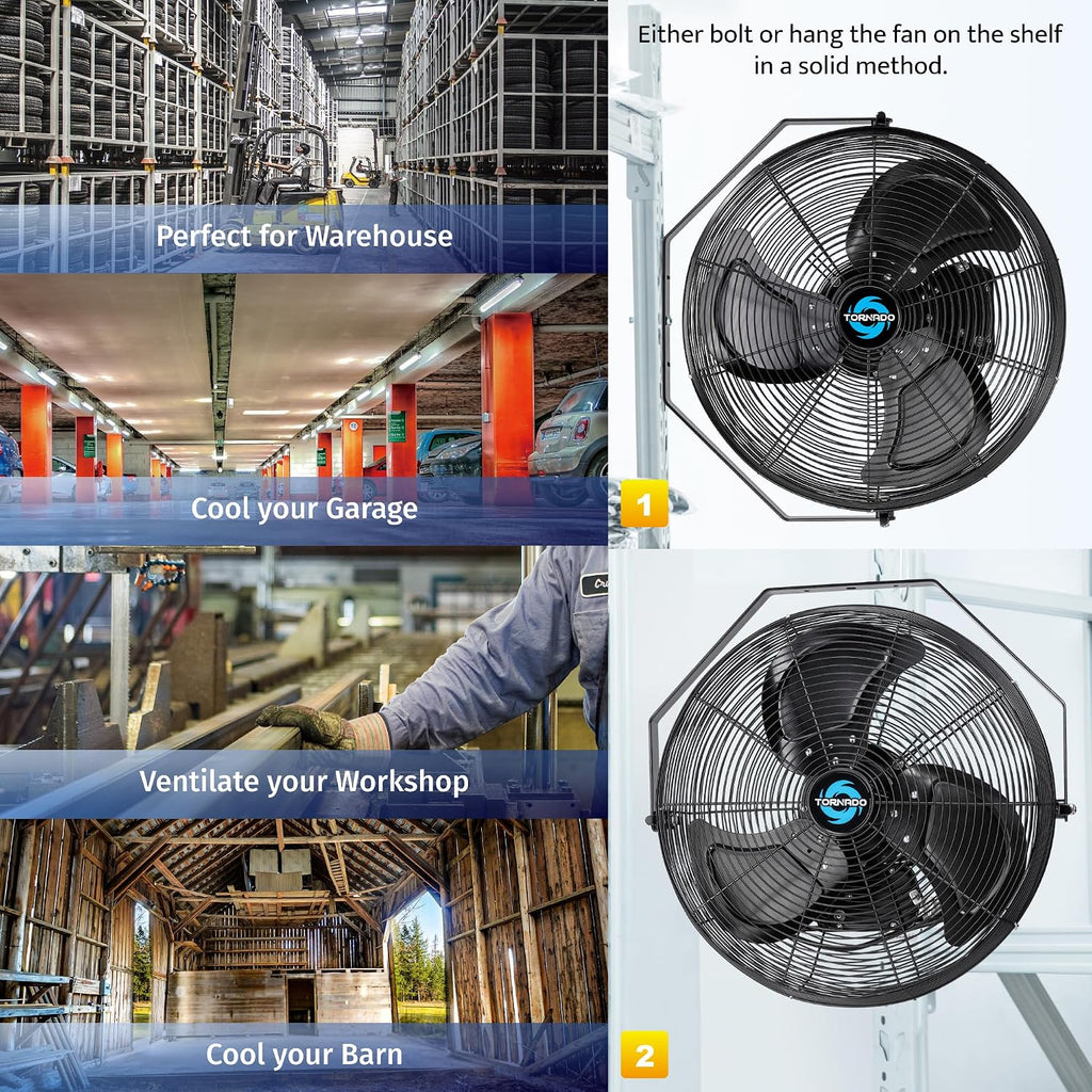 Tornado 18 Inch Outdoor IPX4 Water-Resistant Wall Mounted Fan, 3 Speed High Velocity Metal Industrial Wall Fan For Commercial, Residential and Greenhouse, 1/6 HP 6.6 FT Cord UL Safety Listed, Black