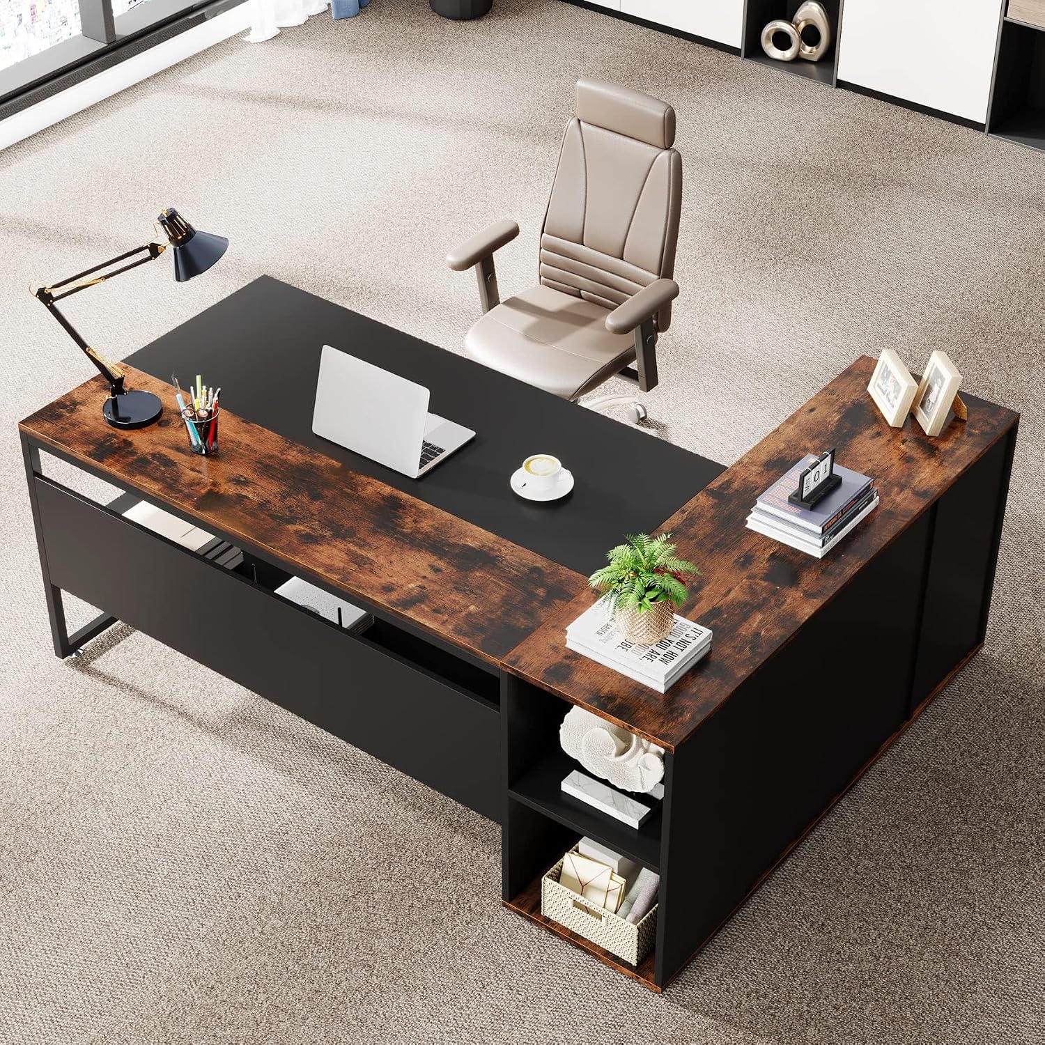 LITTLE TREE Large Computer Desk with File Cabinet, 71 inch Executive Desk L Shaped Office Desk, Business Furniture Desk Workstation for Home Office, Brown