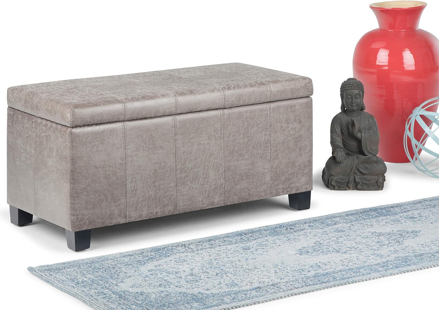 SIMPLIHOME Dover Storage Ottoman Bench - 36 inch Wide Upholstered Vegan Leather Rectangular Lift-Top Ottoman in Distressed Grey Taupe, Contemporary Bench for Living Room with Safety Hinges