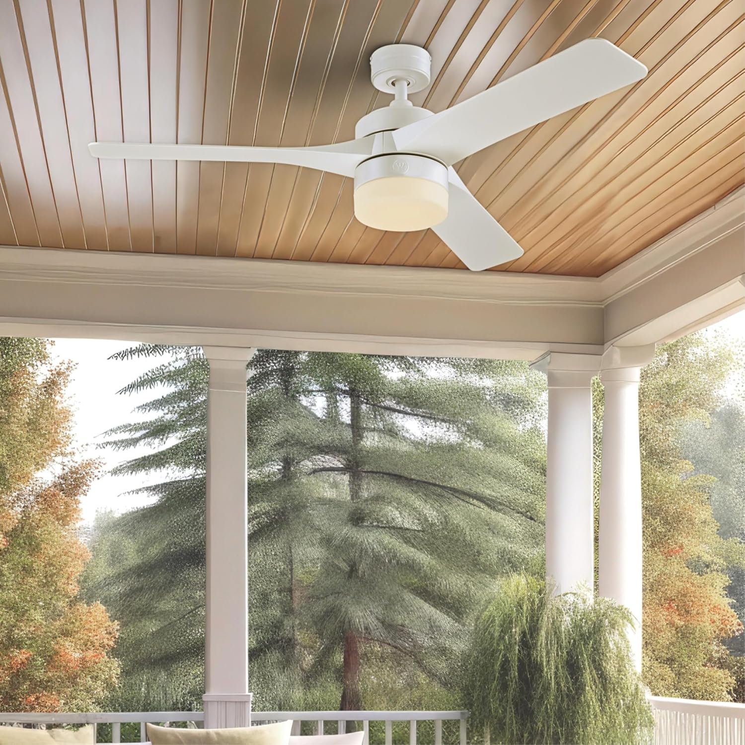 Westinghouse Lighting Alta Vista Contemporary Indoor/Outdoor Ceiling Fan, Dimmable LED Light Fixture with Opal Frosted Glass, Remote Control, 52 Inch, Matte White Finish, DC Motor