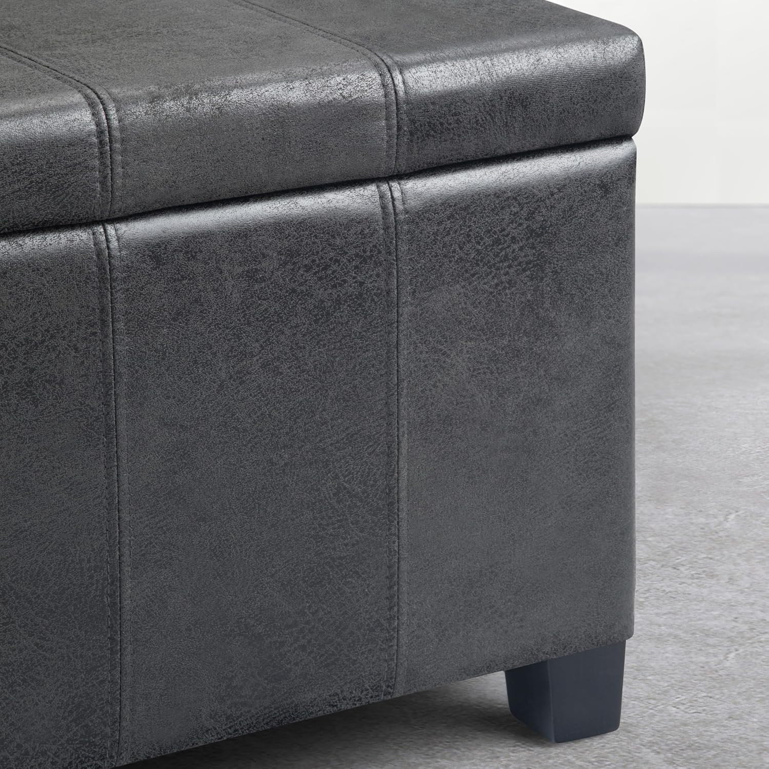 SIMPLIHOME Dover Storage Ottoman Bench - 36 inch Wide Upholstered Vegan Leather Rectangle Storage Ottoman Bench in Distressed Graphite Black, Contemporary Ottoman for Living Room with Lift-Up Lid