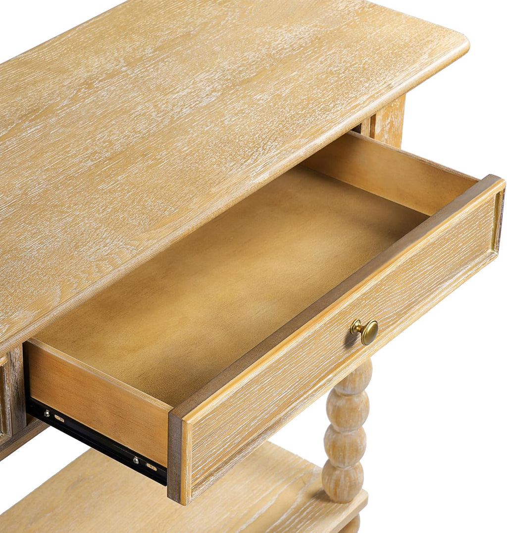Christopher Knight Home Zeka Narrow Console Table with Storage, Wood Entryway Table with 2 Drawers and 1 Bottom Shelf, Retro Display Table with Unique Spherical Legs for Hallway, Living Room, Natural