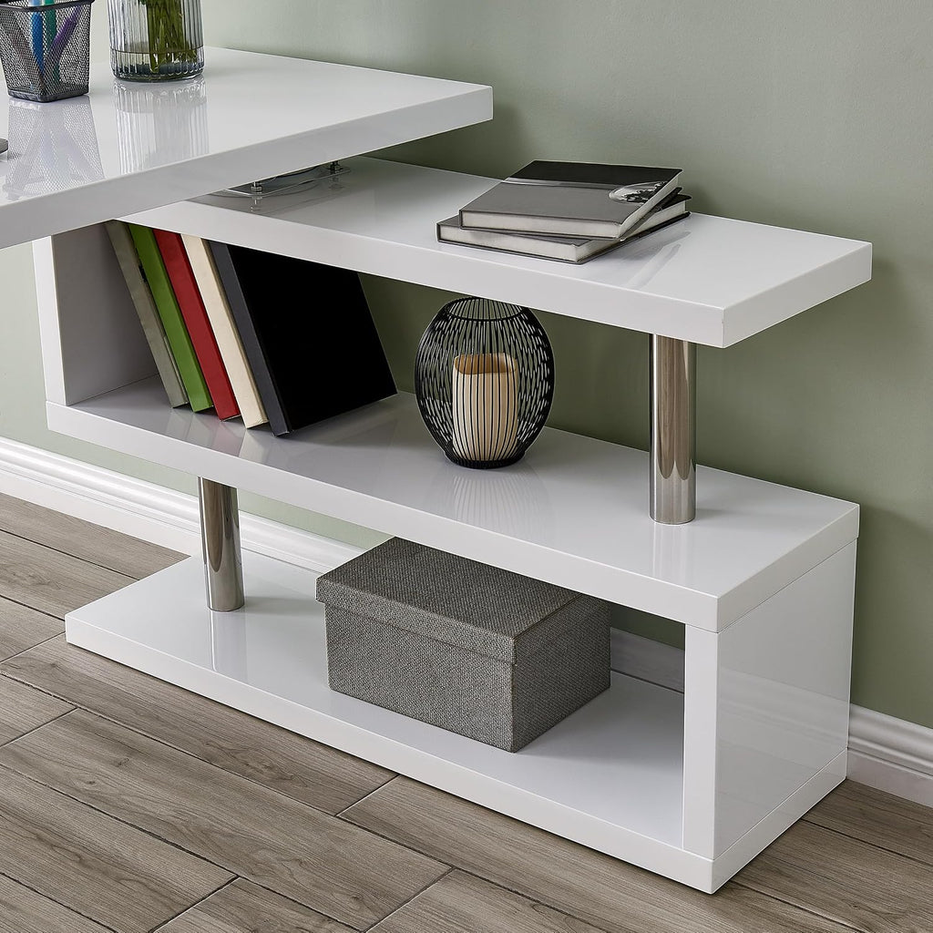 SEI Furniture Yates Multifunctional Corner/L Desk w/ Shelves, White-chrome