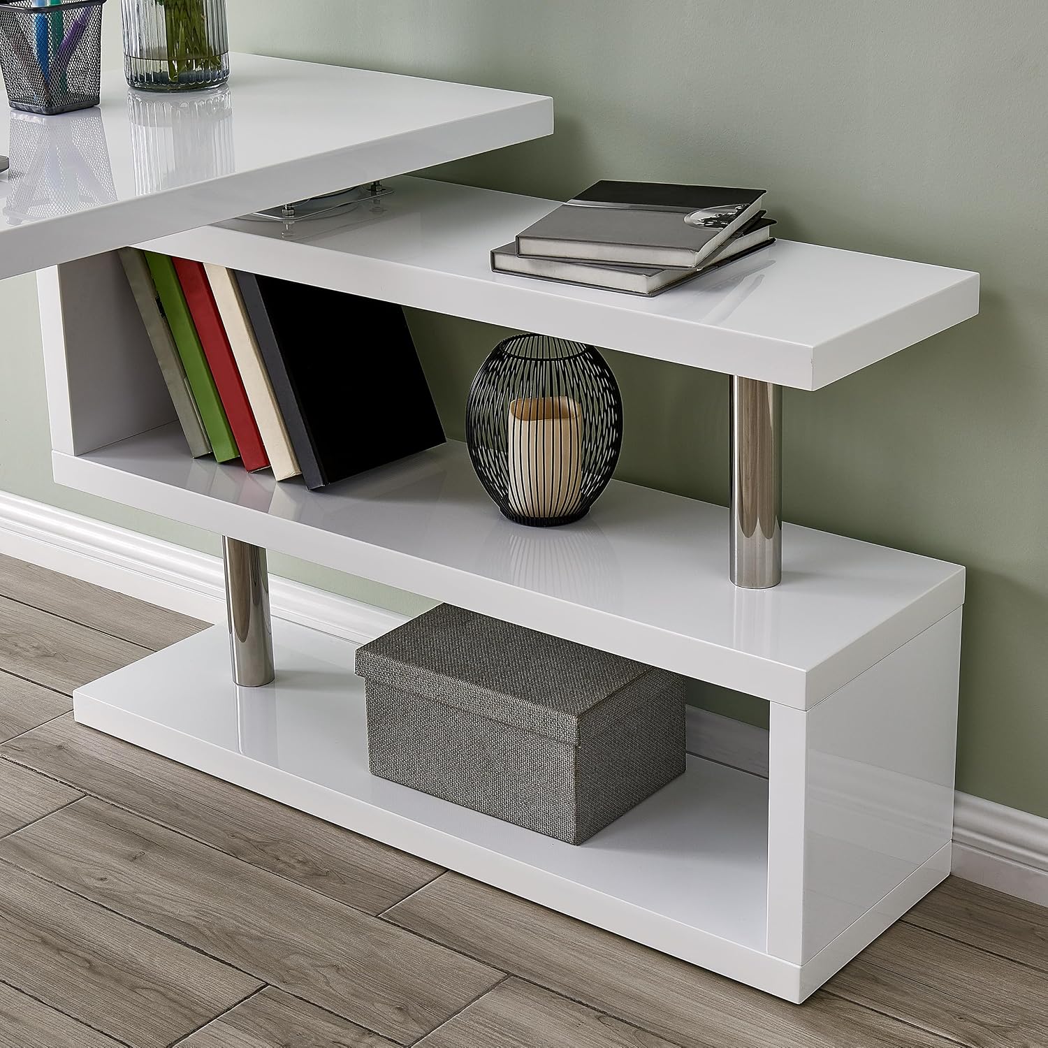 SEI Furniture Yates Multifunctional Corner/L Desk w/ Shelves, White-chrome
