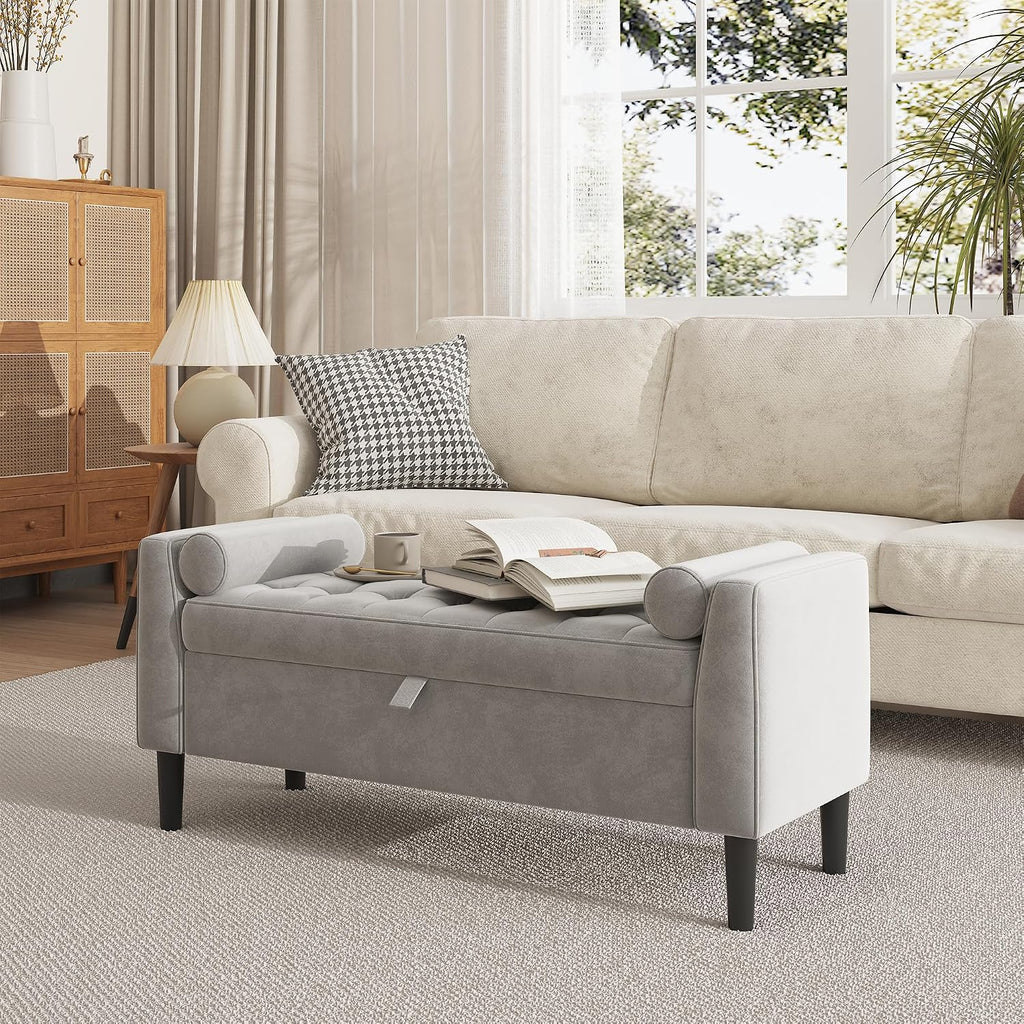 46.5 in Storage Ottoman Bench – Upholstered End-of-Bed Storage Chest with Rolled Armrests & Wood Legs, Entryway Shoe Bench and Footrest Seat for Hallway, Bedroom & Living Room& Walk-in Closet (Gray)