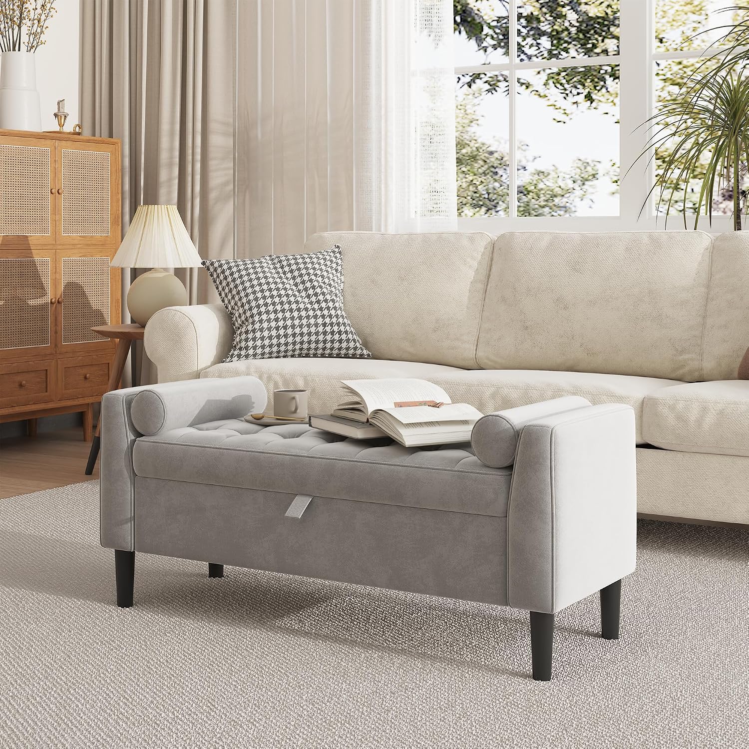 46.5 in Storage Ottoman Bench – Upholstered End-of-Bed Storage Chest with Rolled Armrests & Wood Legs, Entryway Shoe Bench and Footrest Seat for Hallway, Bedroom & Living Room& Walk-in Closet (Gray)