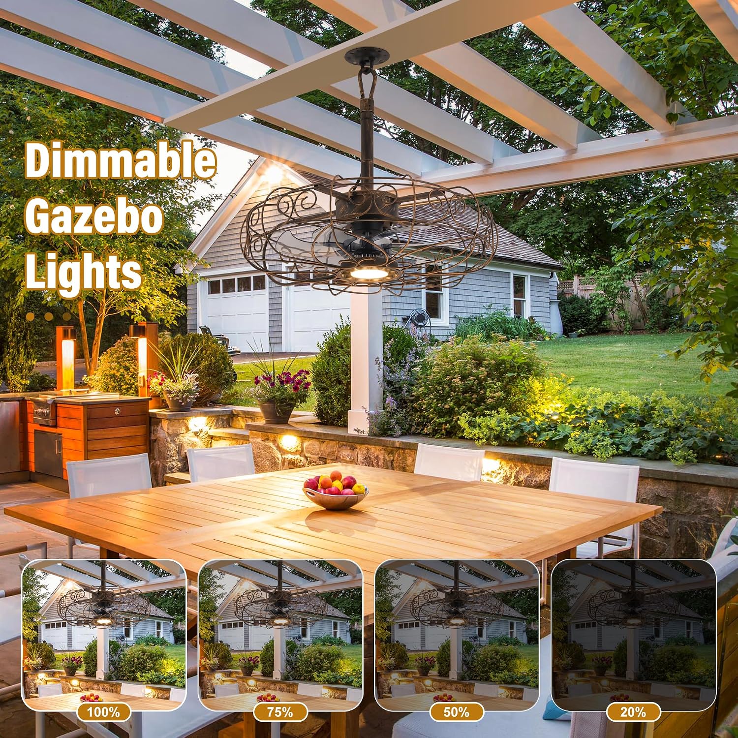 Outdoor Ceiling Fan for Gazebo 20',IP65 Waterproof Plug in Ceiling Fans with Lights and Remote/APP,3CCT 6-Speed Hanging Fan for Patios Porch Pergola(Bronze)