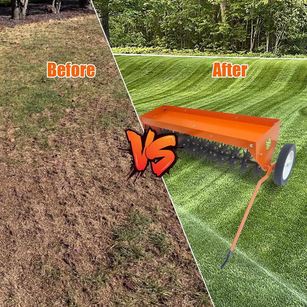40 Inch Tow Behind Spike Aerator, Heavy Duty Lawn Aerator with Steel Teeth, Weight Tray & Transport Wheels for Garden, Farm Tractor, ATV – Durable Galvanized Steel Tines,Orange