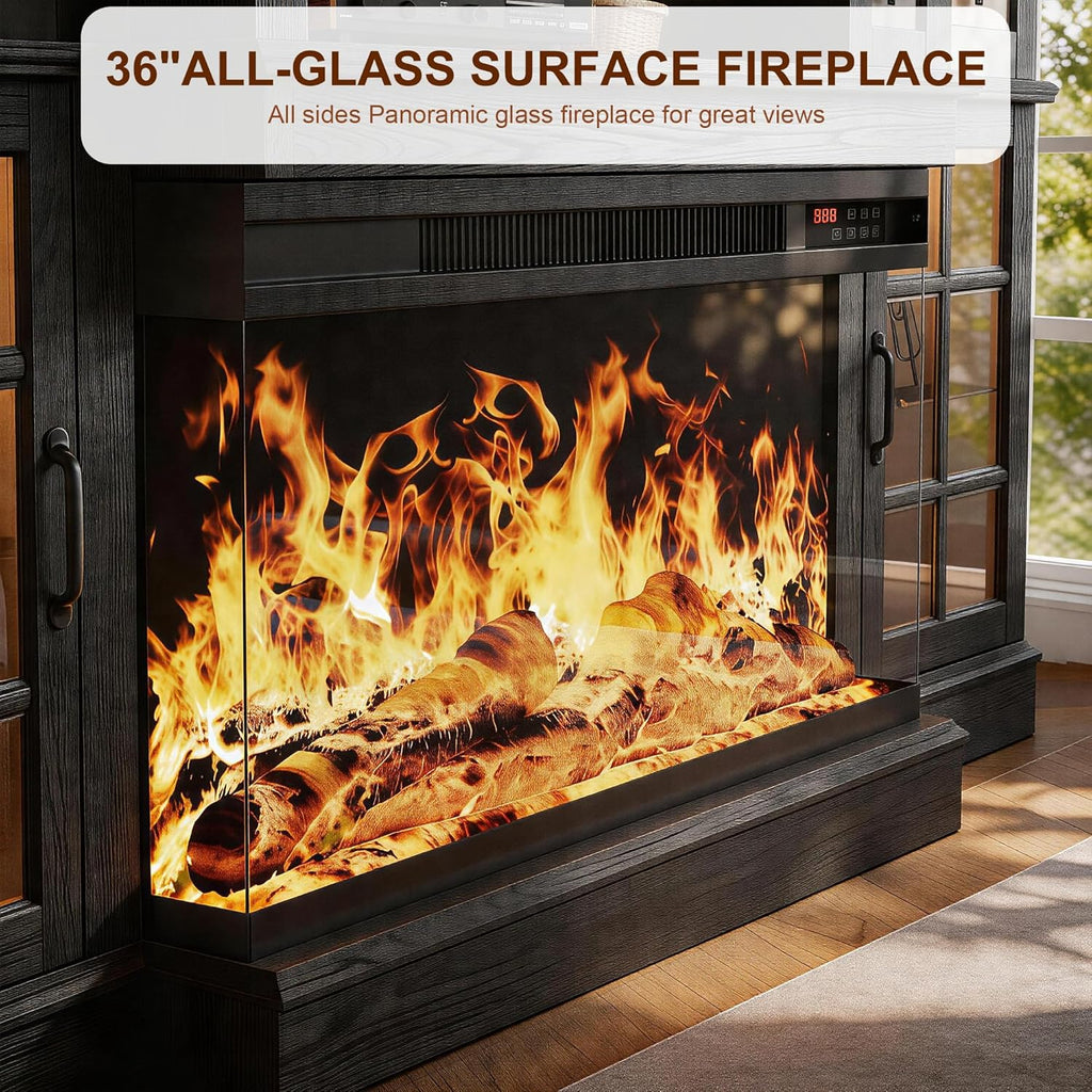 MXV 70' Fireplace TV Stand, 3-Sided Glass Fireplace and Modern Entertainment Center, Wooden Media Console with Glass Doors & Storage Drawers, LED Light, for Living Room, Black