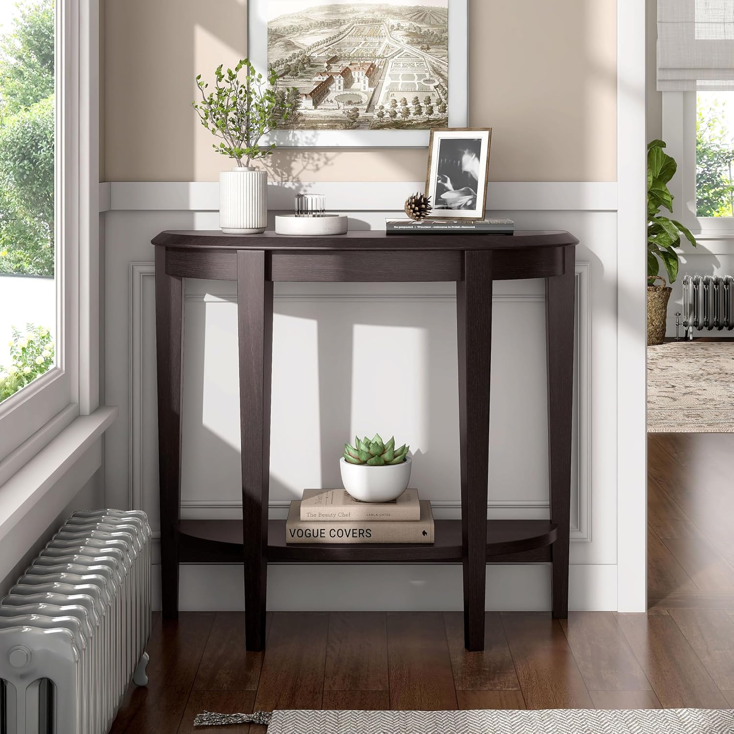 Homes: Inside + Out Payne Modern Half Moon Accent Console Table with Storage Shelf, Decorative Entryway Furniture for Living Room, Hallway, Entrance, Small Spaces, Cappuccino