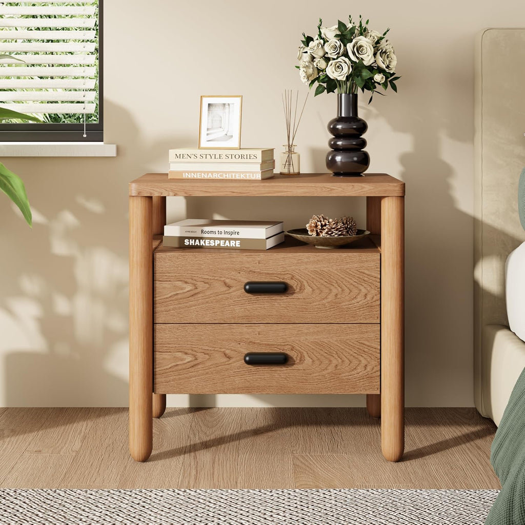 Christopher Knight Home Delwyn Modern Nightstand, Wooden Small Night Stand with Drawers and Open Storage Shelf, Bedside Table/End Table with Rounded Legs, Multipurpose Storage Cabinet, Natural