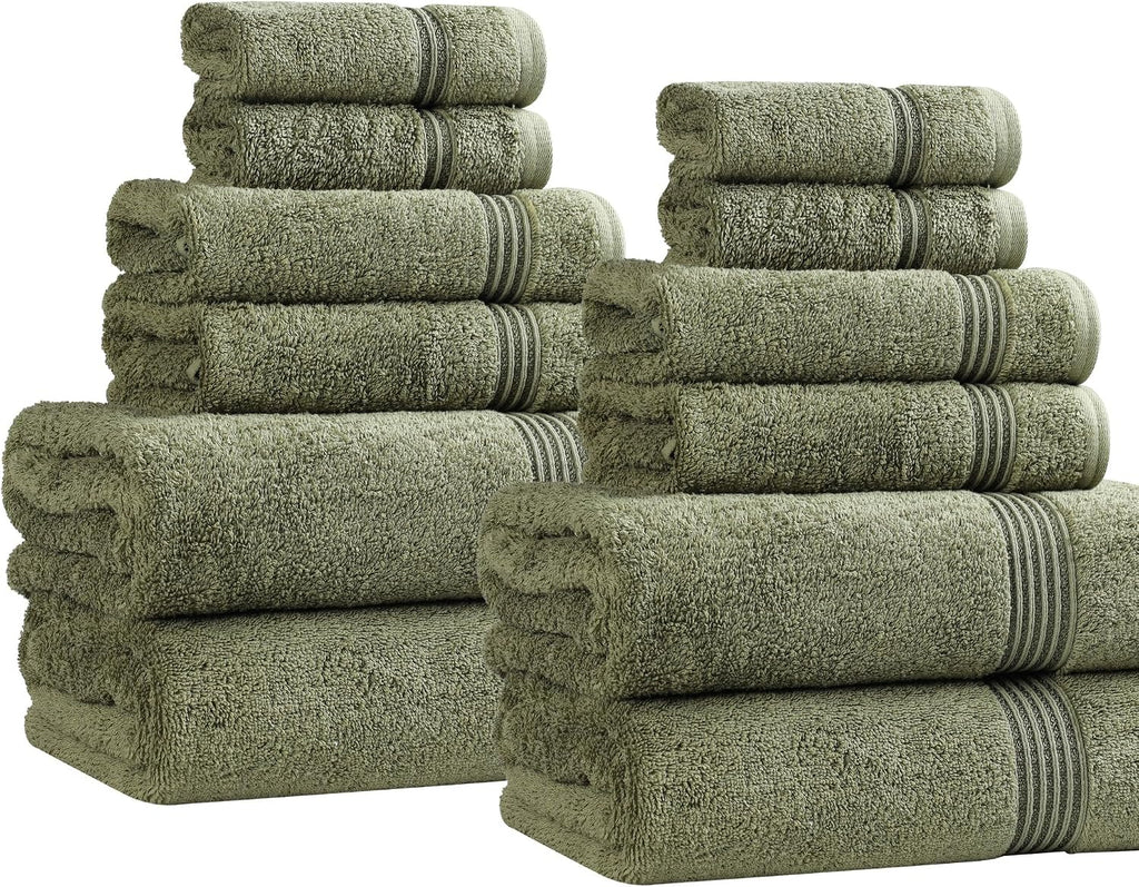 Superior Egyptian Cotton 12-Piece Towel Set, Assorted Towels, Home Bathroom, Master, Guest Bath, Decor Essentials, 4 Bath, 4 Hand, 4 Face Towels/Washcloths, Quick Dry, Absorbent, Forest Green