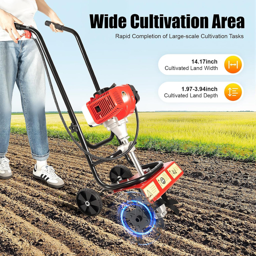 Commercial 52cc Heavy Duty Tiller, 2-Stroke Gas Tiller, Heavy Duty Hand Push Rototiller/Cultivator for Sandy and Loose Soil