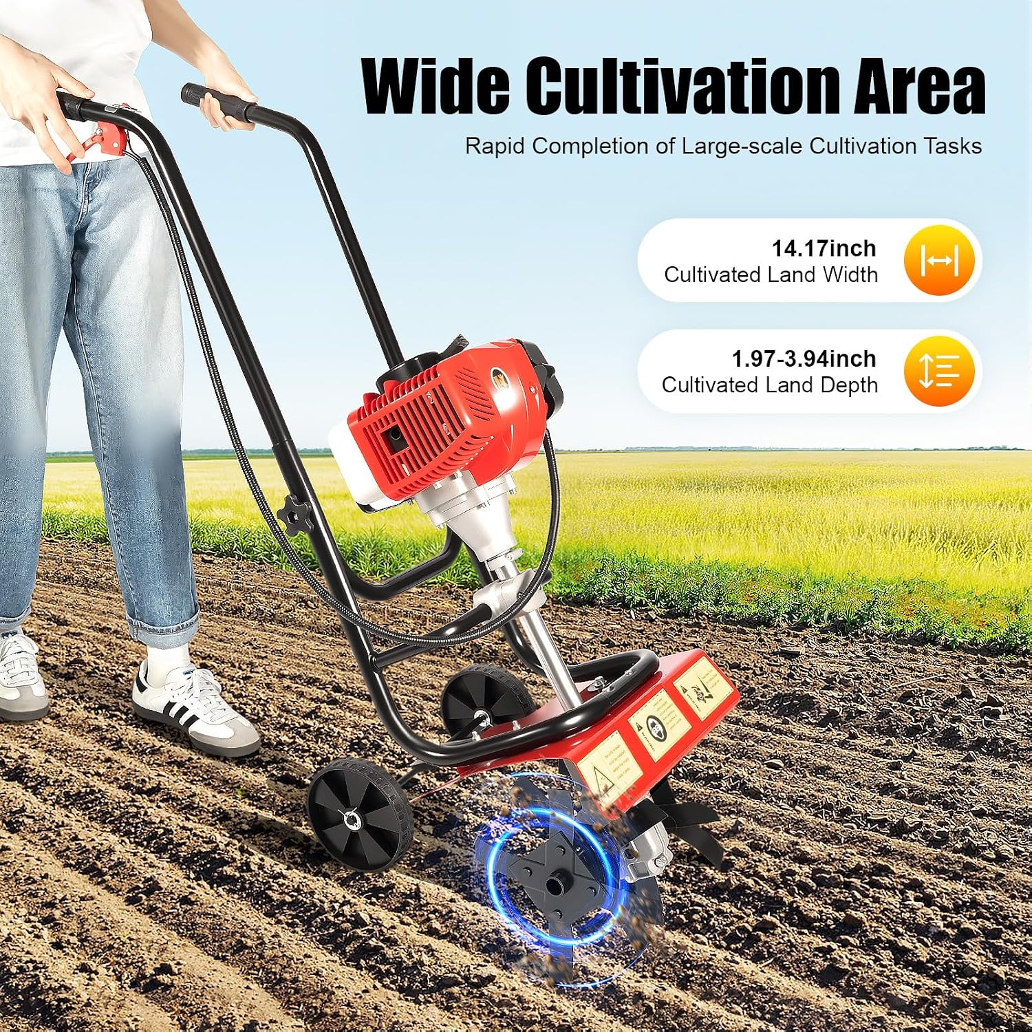 Commercial 52cc Heavy Duty Tiller, 2-Stroke Gas Tiller, Heavy Duty Hand Push Rototiller/Cultivator for Sandy and Loose Soil