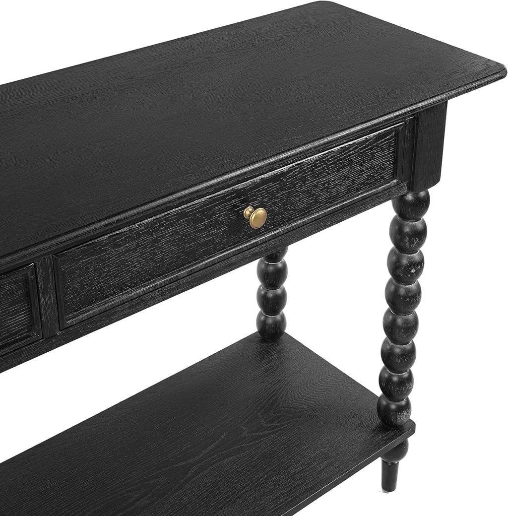 Christopher Knight Home Zeka Narrow Console Table with Storage, Wood Entryway Table with 2 Drawers and 1 Bottom Shelf, Retro Display Table with Unique Spherical Legs for Hallway, Living Room, Black