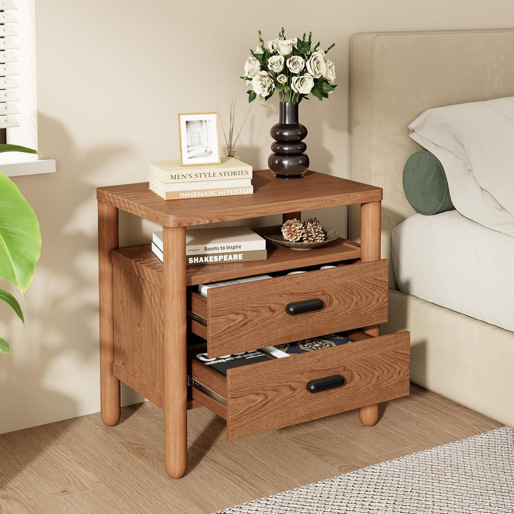 Christopher Knight Home Delwyn Modern Nightstand, Wooden Small Night Stand with Drawers and Open Storage Shelf, Bedside Table/End Table with Rounded Legs, Multipurpose Storage Cabinet, Brown