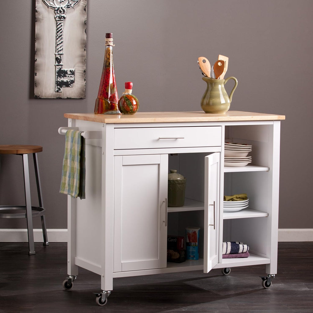 SEI Furniture - Martinville Kitchen Cart - White - Engineered Wood & Iron Metal - Transitional Design - Ideal for Kitchens, Kitchen Islands, Dining Rooms, 42' W x 19' D x 35' H (KA3277)