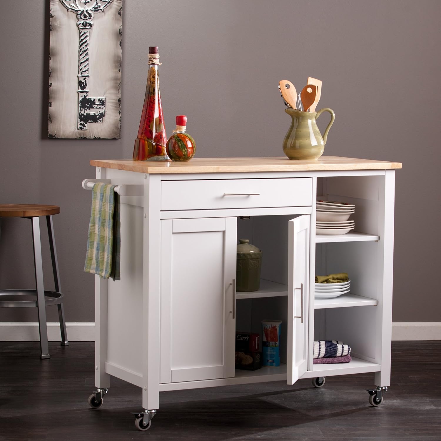 SEI Furniture - Martinville Kitchen Cart - White - Engineered Wood & Iron Metal - Transitional Design - Ideal for Kitchens, Kitchen Islands, Dining Rooms, 42' W x 19' D x 35' H (KA3277)