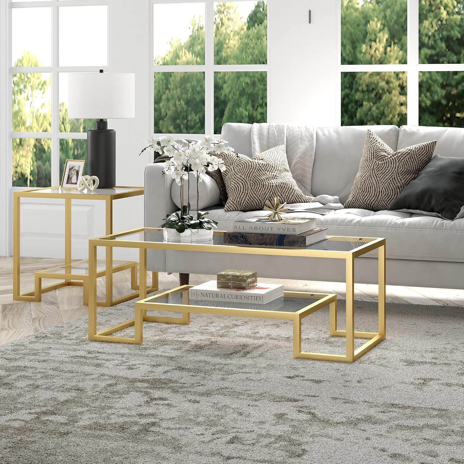 Henn&Hart 45' Rectangular Coffee Table with Glass Top and Raised Lower Shelf for Living Room, Family Room, or Office, Gold