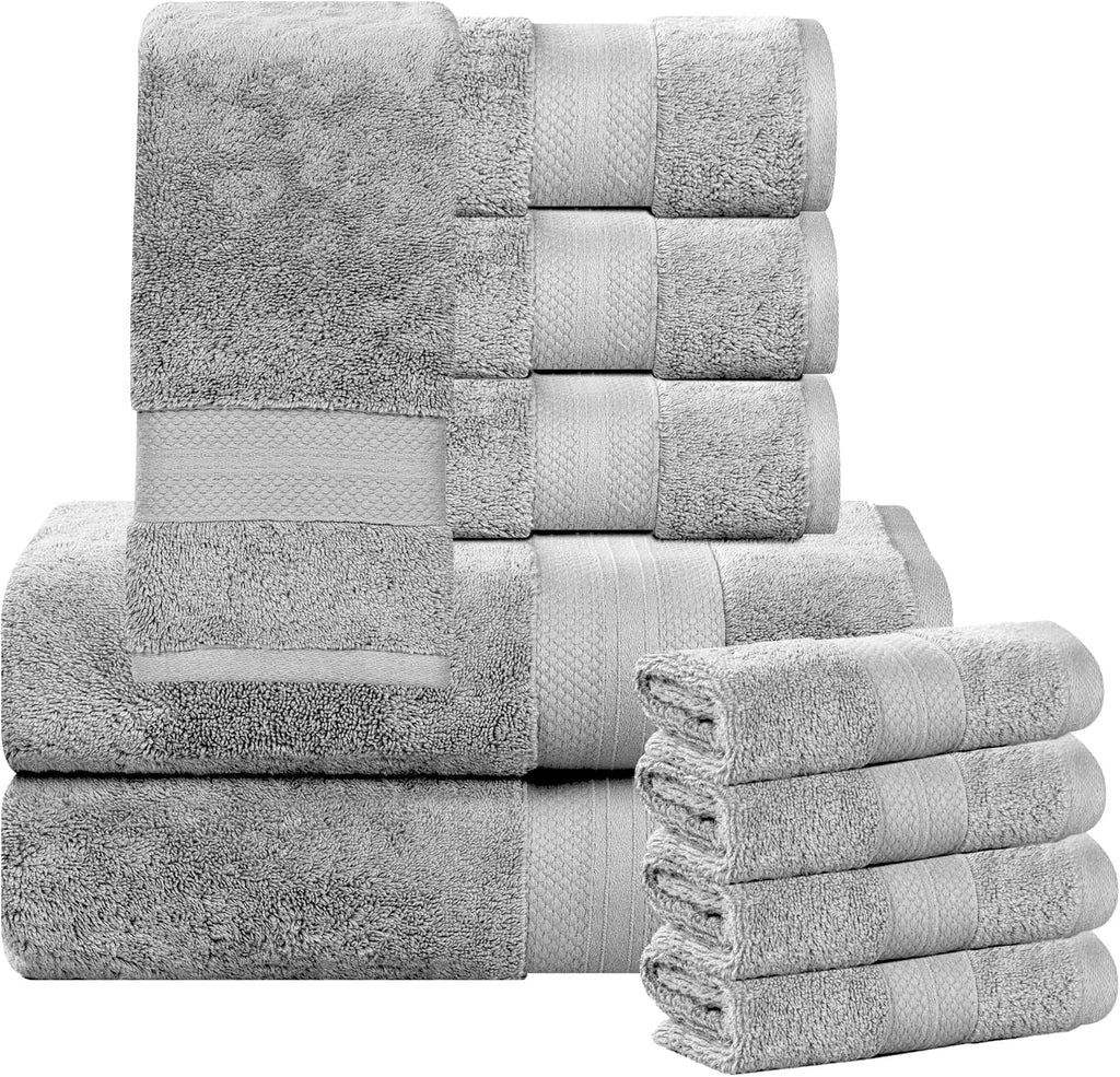 Superior Turkish Cotton 10-Piece Towel Set, 2 Bath, 4 Hand, 4 Face Towels/Washcloth for Home, Guest, Master Bathroom Essentials, Hotel, Spa, Shower, Soft, Heavyweight, Aria Collection, Grey