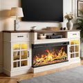 MXV 70' Fireplace TV Stand, 3-Sided Glass Fireplace and Modern Entertainment Center, Wooden Media Console with Glass Doors & Storage Drawers, LED Light, for Living Room, Antique White