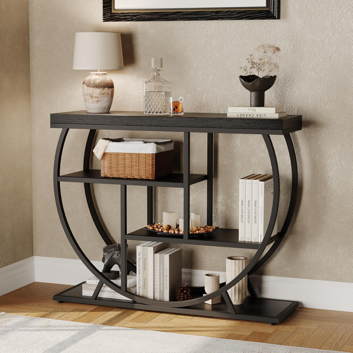 Garvee Entryway Table with Storage, Industrial 4-Tier Narrow Console Table Behind Couch with Half-Circle Base & Storage Shelves for Living Room, Hallway, Foyer