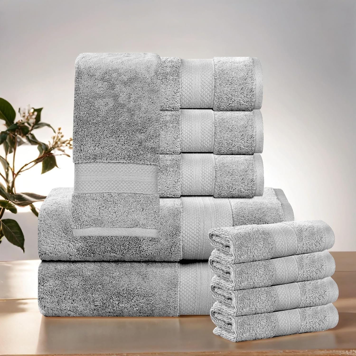 Superior Turkish Cotton 10-Piece Towel Set, 2 Bath, 4 Hand, 4 Face Towels/Washcloth for Home, Guest, Master Bathroom Essentials, Hotel, Spa, Shower, Soft, Heavyweight, Aria Collection, Grey