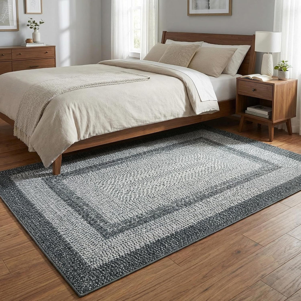 Large Braided Print Rug 10x13 Living Room Rug Soft Washable Rugs for Bedroom Low Pile Stain-Resistant Farmhouse Mat Non Slip Rustic Floor Mat for Dining Room Nursery Cottage Office Grey