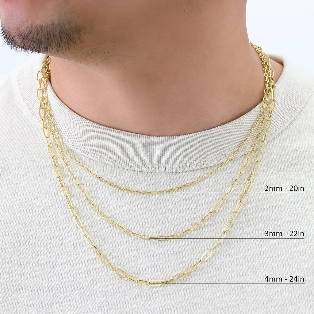 Nuragold 10k Real Yellow Gold Paperclip 2mm Elongated Cable Link Necklace (16'-24') Dainty Italian Jewelry for Men & Women