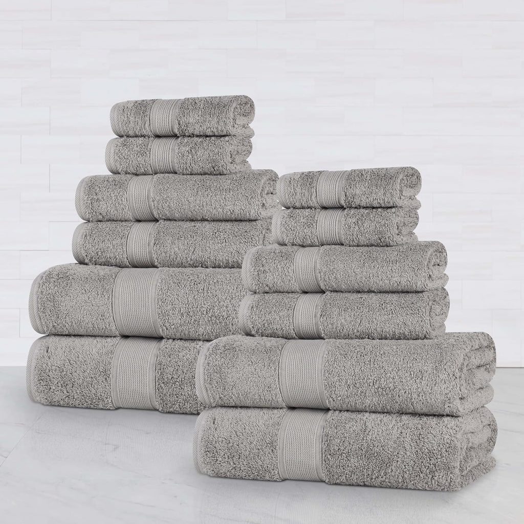 Superior Oregon Organic Cotton 12 Piece Towel Set, Heavyweight Towels for Bathroom Daily Use, Absorbent, Plush Eco-Friendly Bath Essentials, Includes 4 Bath, 4 Hand, 4 Face Towels, Silver