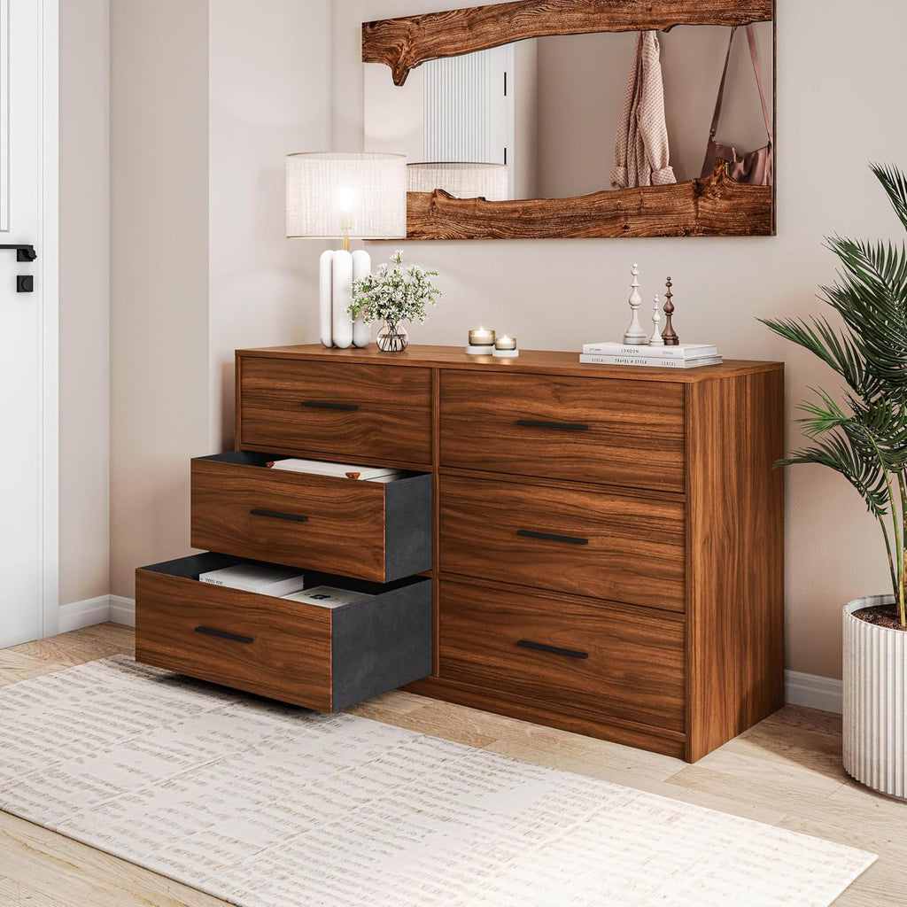 Modern 6-Drawer Dresser with Spacious Storage, Sturdy Wood Frame, Large Capacity Fabric Drawers, Dressers for Bedroom, Home Organization Storage for Living Room or Hallway, Walnut