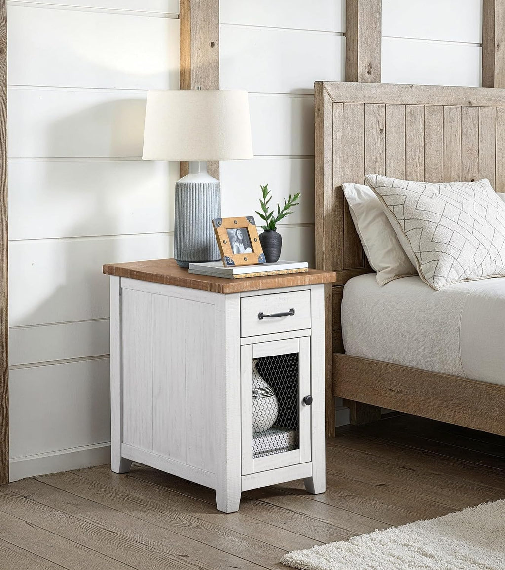 Martin Svensson Home Solid Wood White and Driftwood Rustic Chairside End Table with Power and Storage