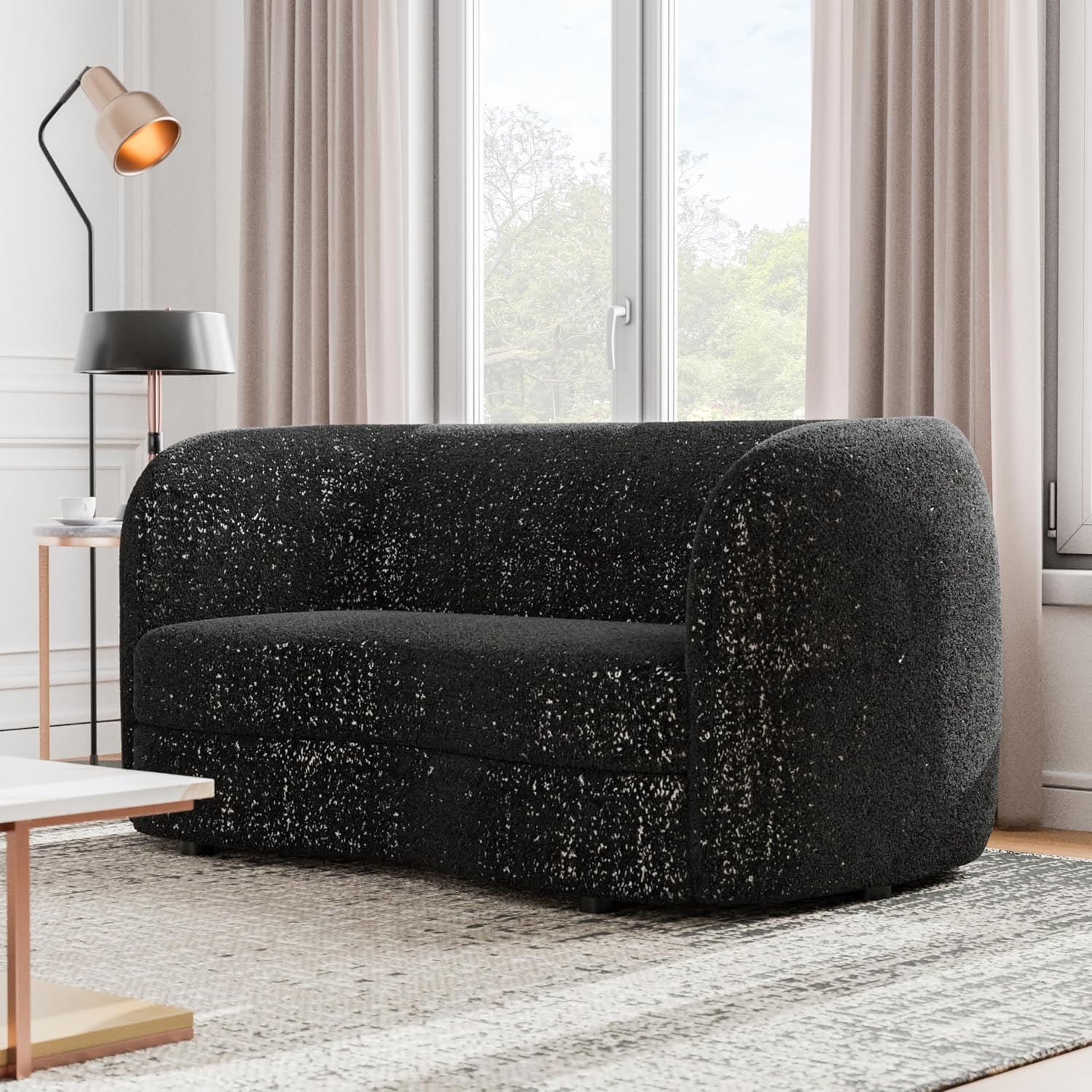 Furniture of America Nimiane Modern Boucle Loveseat Couch with Curved Arms and Wooden Legs, Comfy Fabric Upholstered Small Sofa for Living Room, Bedroom, Home Office, Black