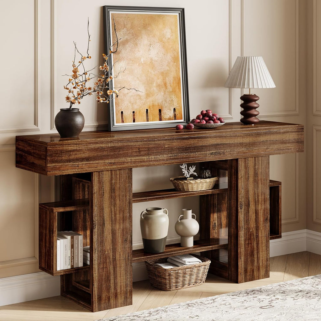 Einhomn 63 Inch Long Console Table for Entryway, Farmhouse Wooden Sofa Table Behind Couch with 3-Tier Storage Shelf, Narrow Entry Accent Table for Living Room, Hallway, Foyer, Rustic Brown