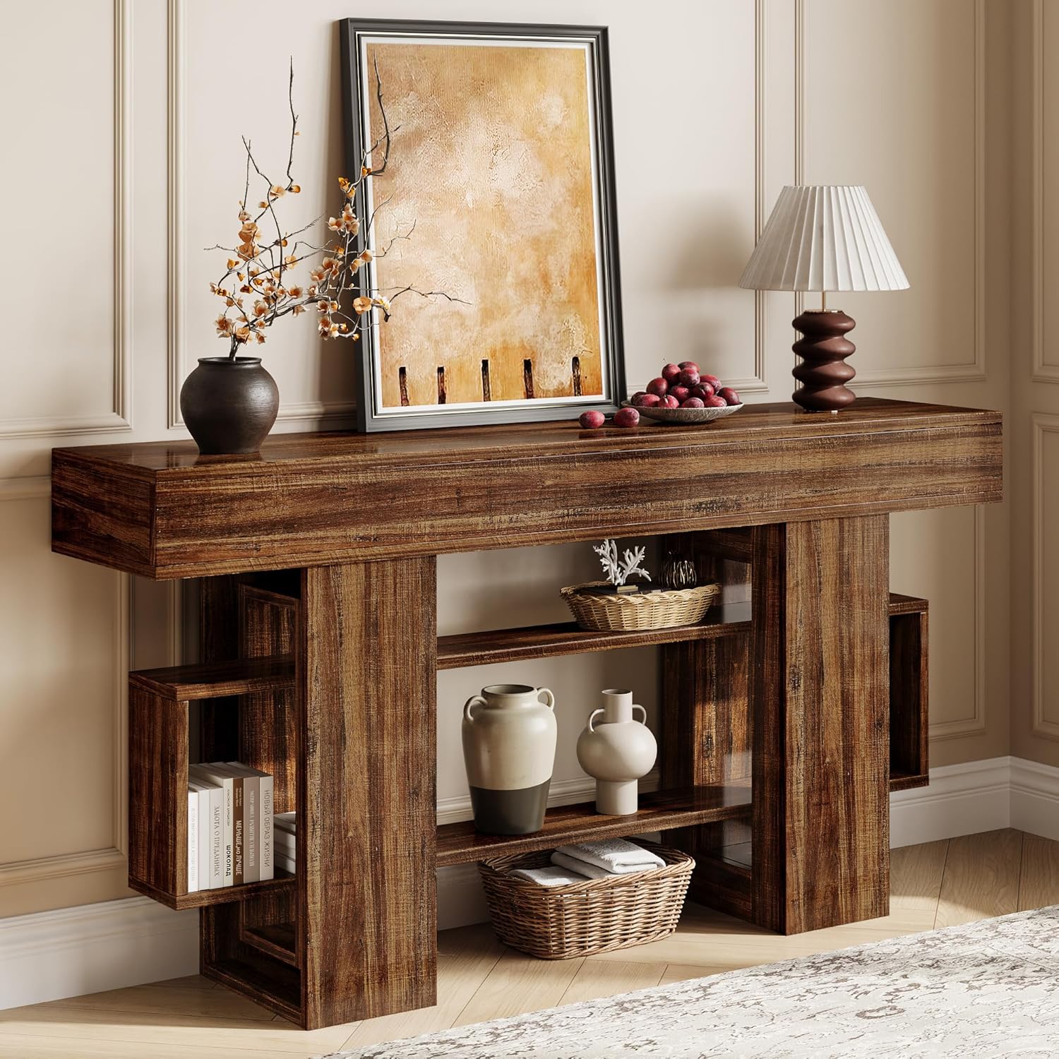 Einhomn 63 Inch Long Console Table for Entryway, Farmhouse Wooden Sofa Table Behind Couch with 3-Tier Storage Shelf, Narrow Entry Accent Table for Living Room, Hallway, Foyer, Rustic Brown