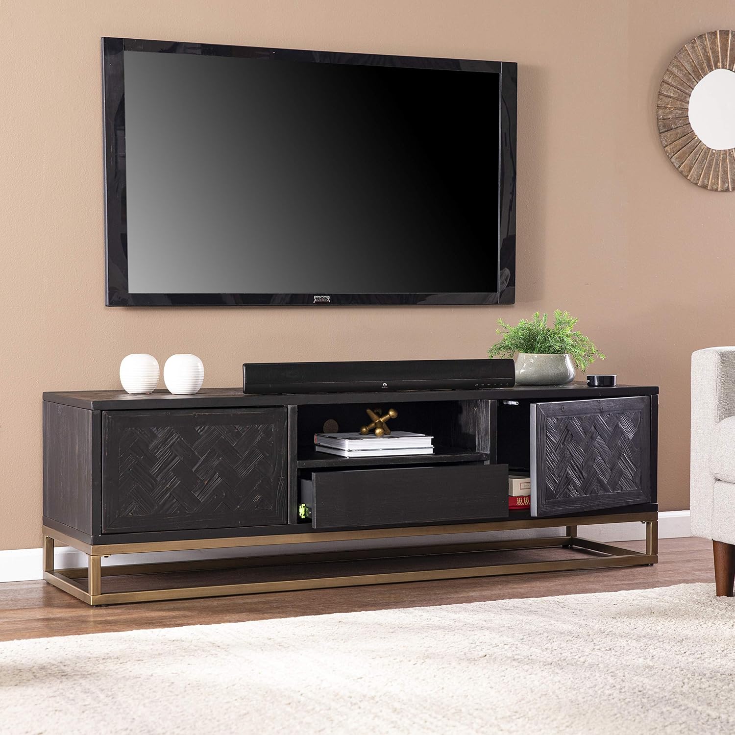 SEI Furniture Dessingham Reclaimed Wood Media TV Stand, Black/Gold, (AMZ3196901SM)