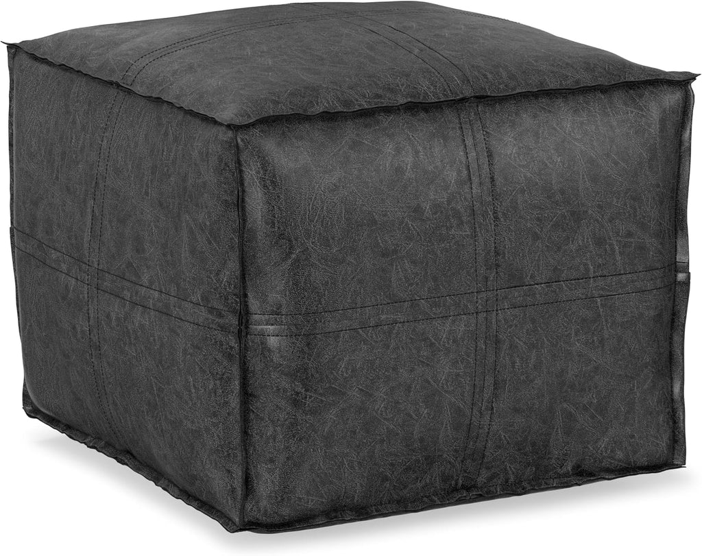 SIMPLIHOME Brody Square Pouf - 18' Wide x 14' High Upholstered Vegan Leather Ottoman in Distressed Black, Boho Footstool, Coffee Table or Extra Seating for Living Room or Bedroom, Assembled